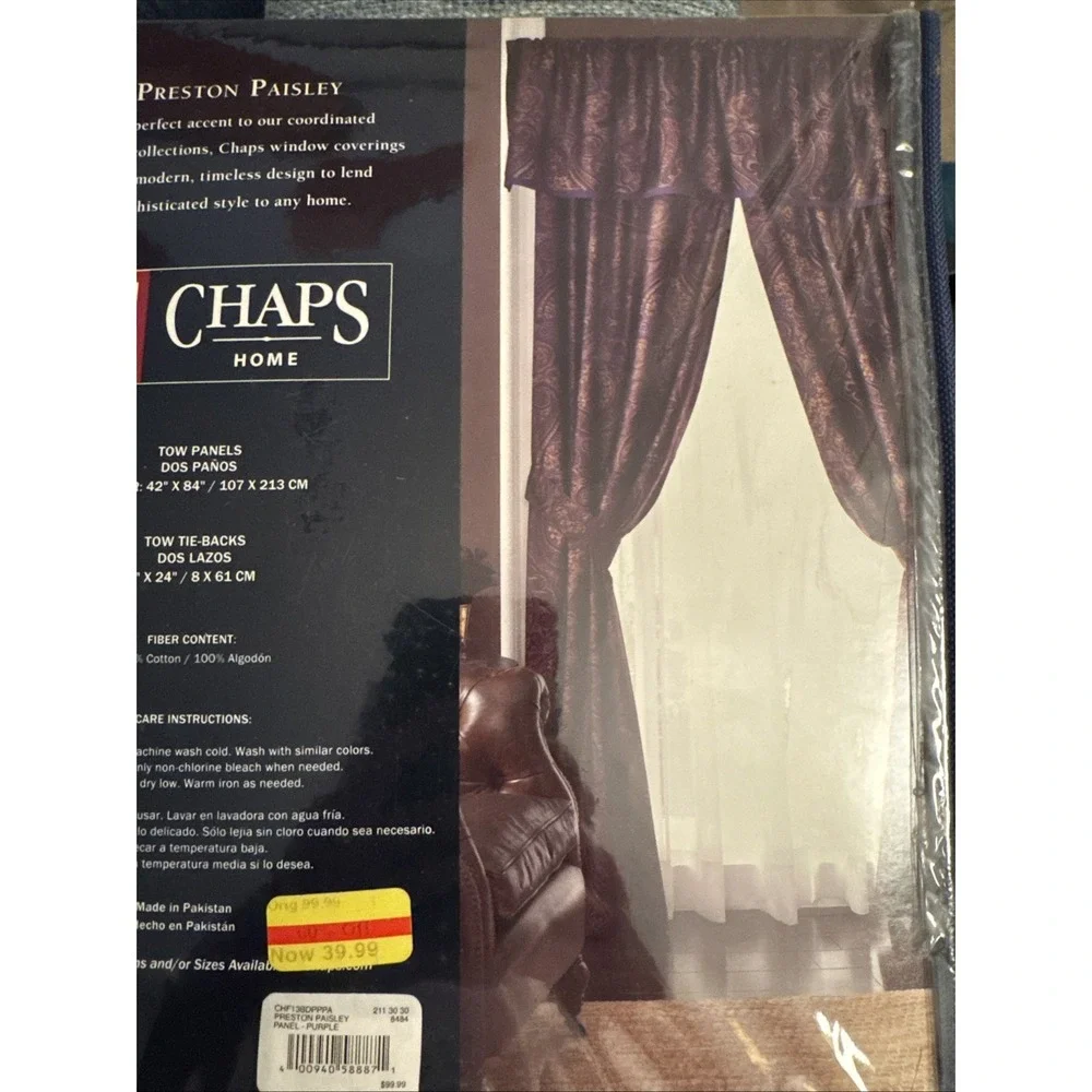 CHAPS Preston Paisley 2 Pc 42x 84 Drapery Panels and Tie Backs Set 80's/90's